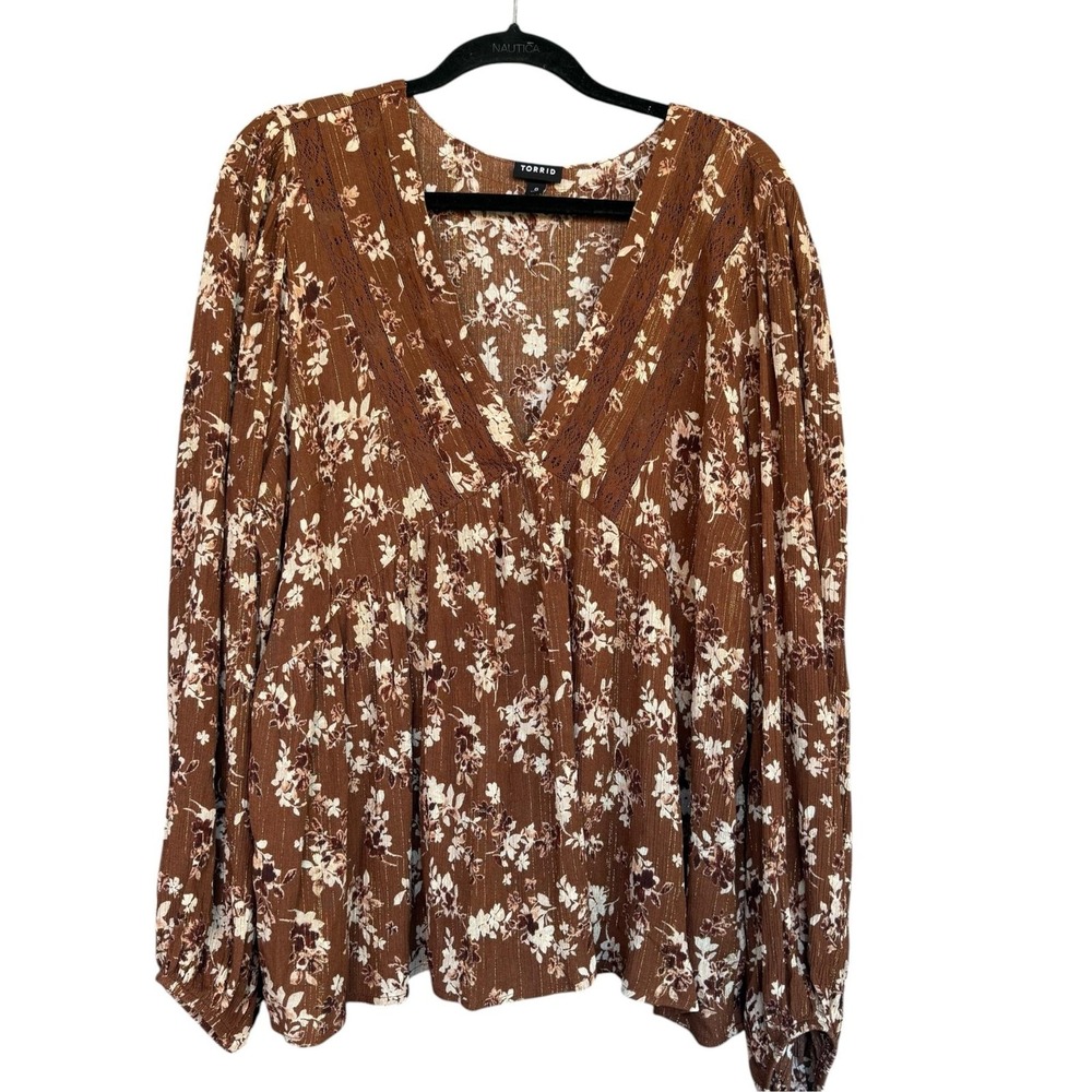 Torrid Blouse Women 0 Large Fall Floral Metallic Long Sleeve Tunic Boho Top